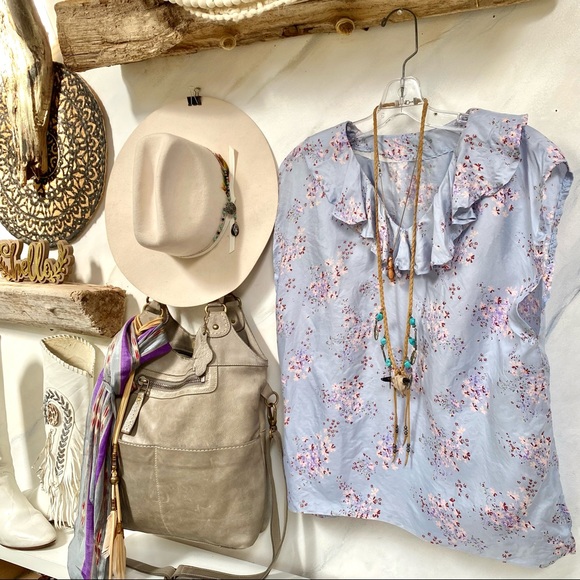 Boho Vintage Silk ruffled blouse w prairie/floral lavender country feel - Picture 3 of 9